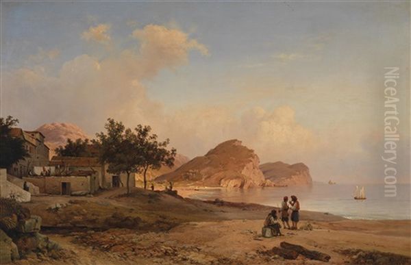 Bucht Von Ieranto Mit Fischern, Amalfikuste Oil Painting by Ludwig Heinrich Theodor (Louis) Gurlitt