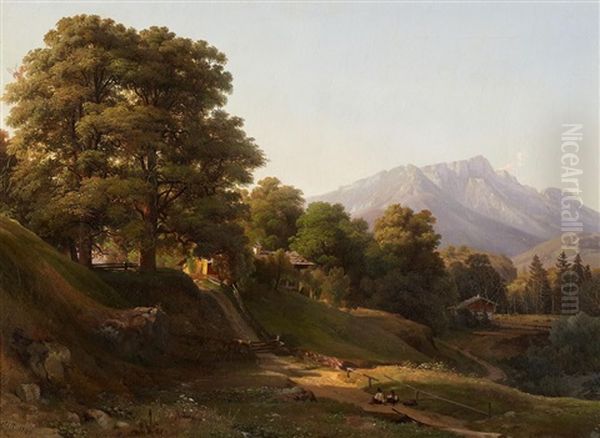 Landschaft Bei Salzburg. Blick Von Freilassing Auf Den Untersberg Oil Painting by Ludwig Heinrich Theodor (Louis) Gurlitt