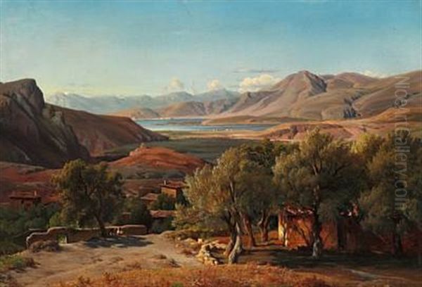 Italian Landscape With Houses And Old Olive Trees Oil Painting by Ludwig Heinrich Theodor (Louis) Gurlitt