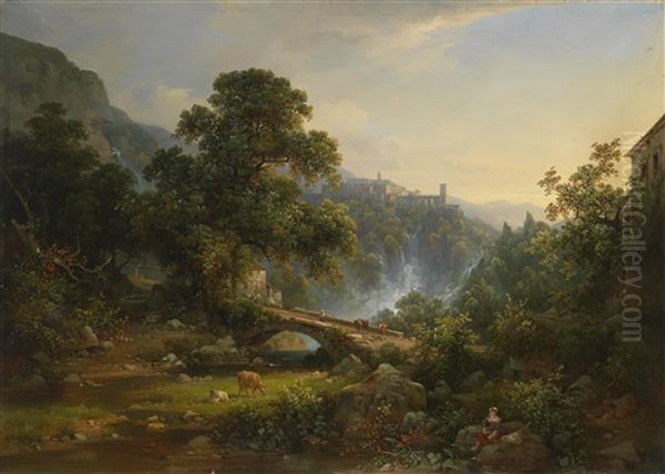 Blick Auf Eine Hochgelegene Stadt In Der Campagna Romana (tivoli?) Oil Painting by Ludwig Heinrich Theodor (Louis) Gurlitt