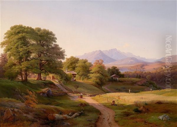 Norditalienische Landschaft Mit Schloss Am See Oil Painting by Ludwig Heinrich Theodor (Louis) Gurlitt