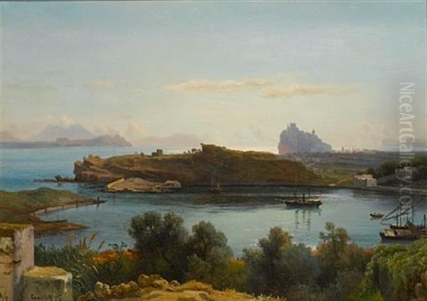 A View Of The Gulf Of Naples At Ischia With Aragonesi Castle In The Background Oil Painting by Ludwig Heinrich Theodor (Louis) Gurlitt