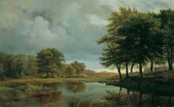 Bewaldete Landschaft Mit Rehen An Einem Gewasser Oil Painting by Ludwig Heinrich Theodor (Louis) Gurlitt