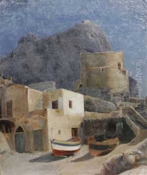 Fischerboote Vor Einem Kastell Am Strand Von Marina Piccola Auf Capri Oil Painting by Ludwig Heinrich Theodor (Louis) Gurlitt