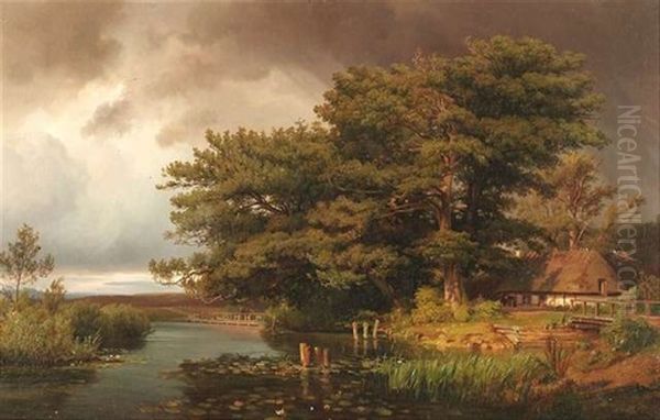 Landschaft Bei Silkeborg Mit Einem Gehoft An Einem See Oil Painting by Ludwig Heinrich Theodor (Louis) Gurlitt