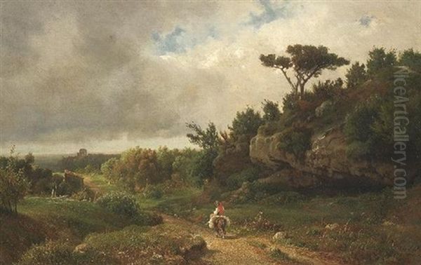 Wandersmann Auf Seinem Maulesel In Der Toskana. Aufziehendes Gewitter by Ludwig Heinrich Theodor (Louis) Gurlitt