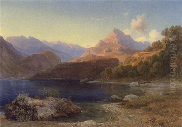 Gebirgssee (gardasee Mit Blick Auf Riva In Der Ferne Links?) Oil Painting by Ludwig Heinrich Theodor (Louis) Gurlitt