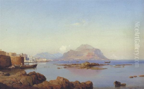 Parti Fra Bugten Ved Palermo, Sicilien, I Baggrunden Monte Pellegrino Oil Painting by Ludwig Heinrich Theodor (Louis) Gurlitt