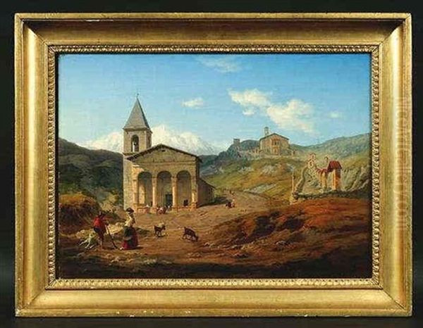 Italienische Berglandschaft. Im Mittergrund Eine Alte Kirche Mit Romischen Vorbau Oil Painting by Ludwig Heinrich Theodor (Louis) Gurlitt