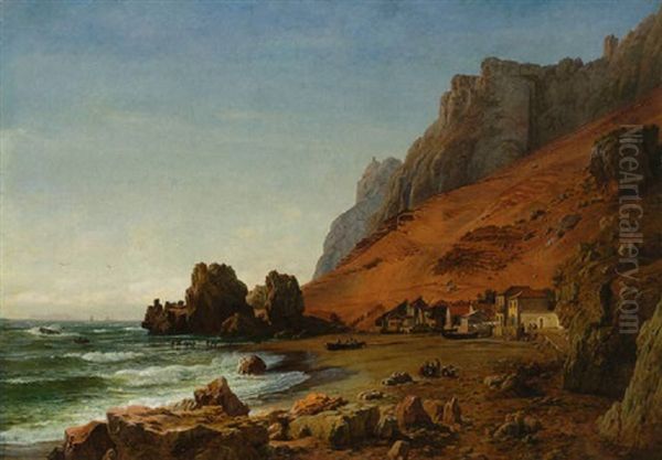 Fischerhauser Am Strand Vor Felsiger Steilkuste (gibraltar?) Oil Painting by Ludwig Heinrich Theodor (Louis) Gurlitt