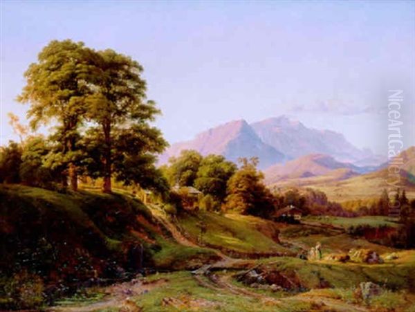 Landschaft Bei Salzburg, Blick Von Freilassung Auf Den Untersberg Oil Painting by Ludwig Heinrich Theodor (Louis) Gurlitt