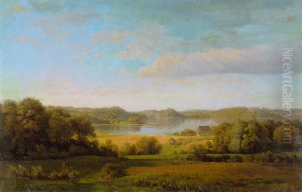 Landschaft In Ostholstein Mit Einem Schafer Und Seiner Herde Oil Painting by Ludwig Heinrich Theodor (Louis) Gurlitt