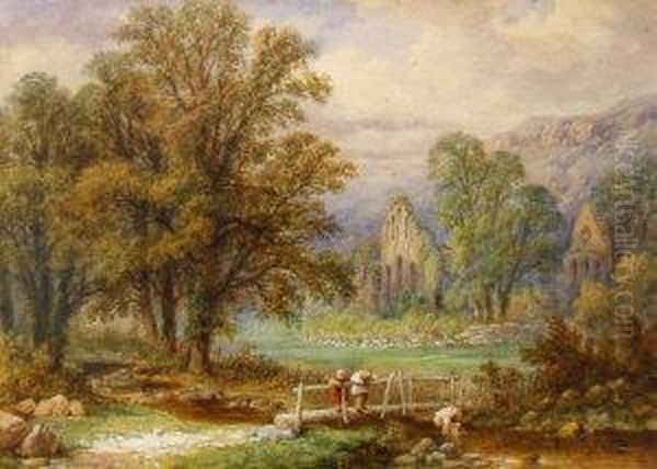 Children Playing In A Stream By The Ruins Of Riveaux Abbey Oil Painting by S.W. Baker