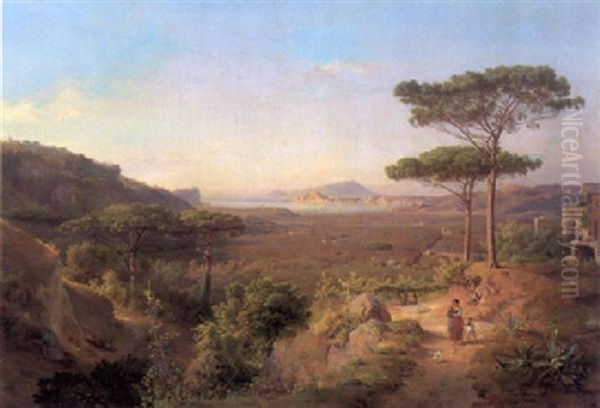 Italienische Kustenlandschaft Mit Einer Bauerin Und Kindern Oil Painting by Ludwig Heinrich Theodor (Louis) Gurlitt