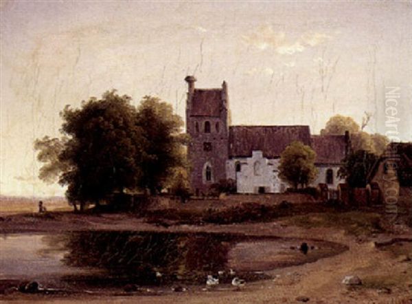 Udisgt Mod En Dansk Landsbykirke Oil Painting by Ludwig Heinrich Theodor (Louis) Gurlitt