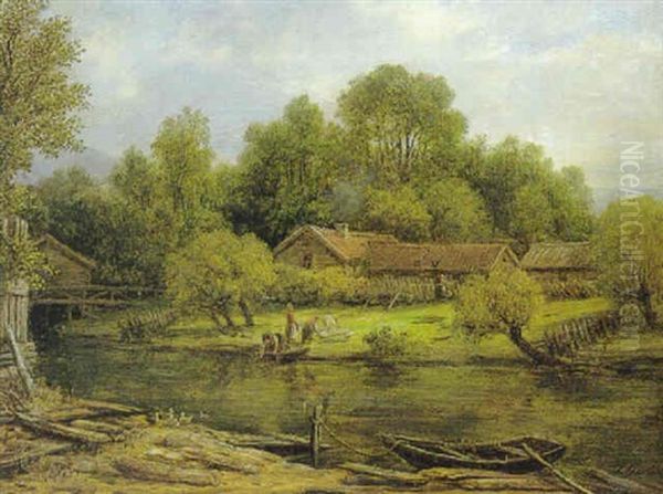 Tysk Landskab Med Gard Foran Hvilken Kvinde Der Vasker Toj Oil Painting by Ludwig Heinrich Theodor (Louis) Gurlitt