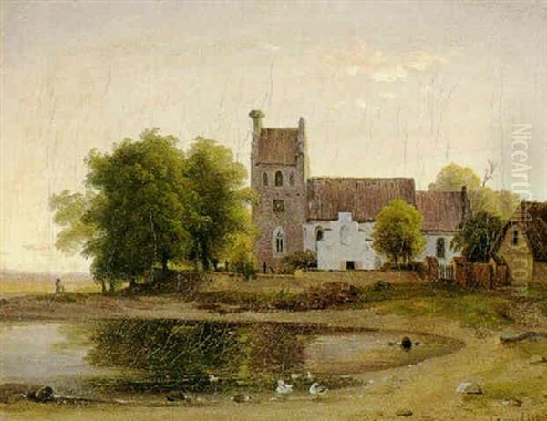 En Dansk Landsbykirke Oil Painting by Ludwig Heinrich Theodor (Louis) Gurlitt