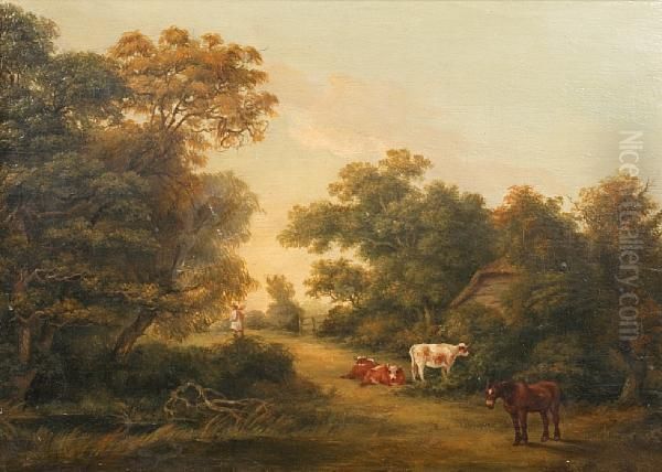 Cattle In A Landscape Oil Painting by T Baker