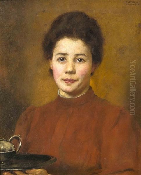 Brustbildnis Einer Jungen Frau Mit Tablett Oil Painting by Karl Gussow