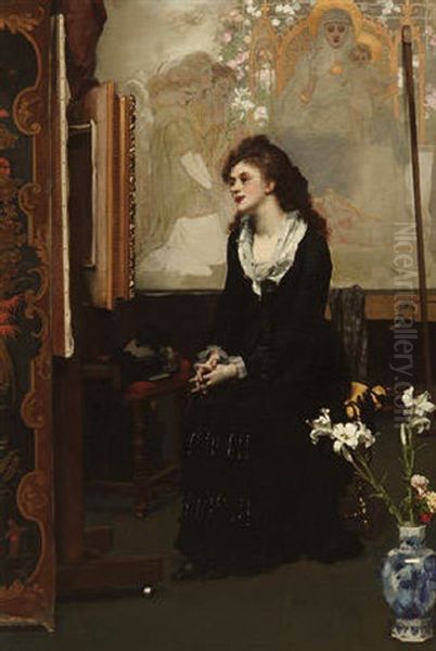 Im Atelier - Junge Frau Schaut Versonnen Ein Bild Auf Einer Staffelei An Oil Painting by Karl Gussow