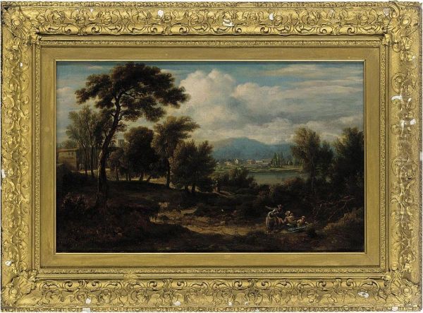 A Wooded River Landscape With Travellers On A Track Oil Painting by Thomas Baker Of Leamington