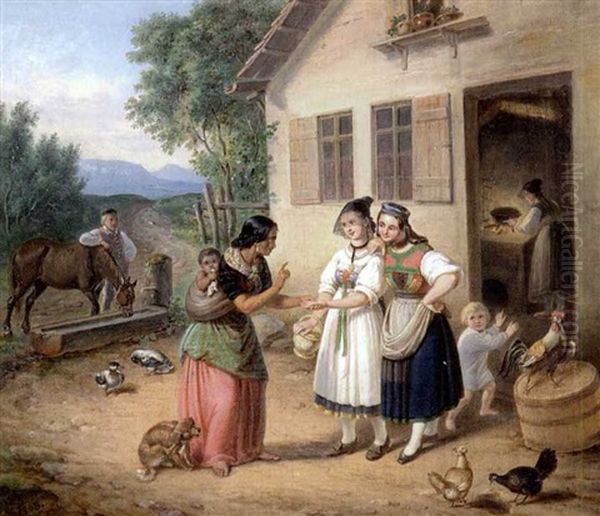 Die Wahrsagerin In Betzingen (im Hintergrund Reutlingen?) Oil Painting by Johann Georg Adam Gottlob Gutekunst