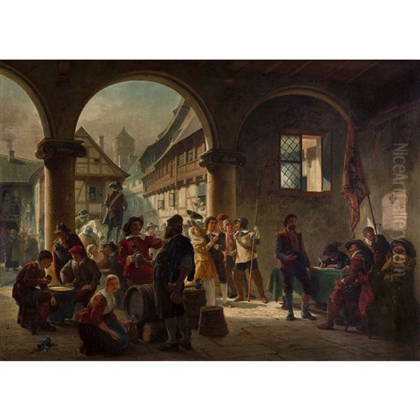 Animated Village Scene Oil Painting by Leopold Guterbock