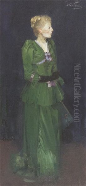 Full Length Portrait Of Maggie Hamilton In An Emerald Green Dress Oil Painting by James Guthrie