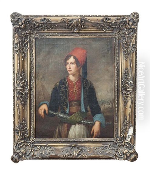 Three Quarter Length Portrait Of A Young Man, Possibly William King, In Hellenic Costume Oil Painting by Jose Gutierrez de la Vega