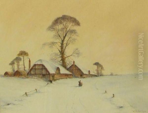 Figures By Old Cottages In Winter Landscape Oil Painting by Walter Baker