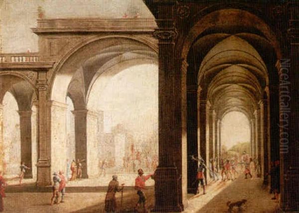 An Architectural Capriccio With Christ Being Led To Cavalry Oil Painting by Francisco Gutierrez