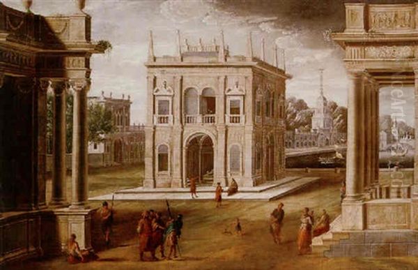 An Architectural Capriccio With Figures Among Classical Buildings, A Quay Beyond Oil Painting by Francisco Gutierrez