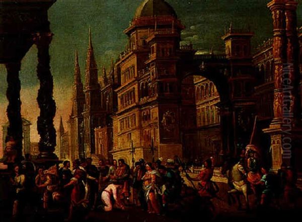 Architectural Capriccio With Christ And The Woman Taken In Adultery Oil Painting by Francisco Gutierrez