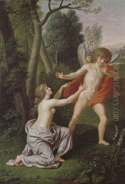 Amor Und Psyche In Einer Romantischen Landschaft Oil Painting by Ludwig Guttenbrunn