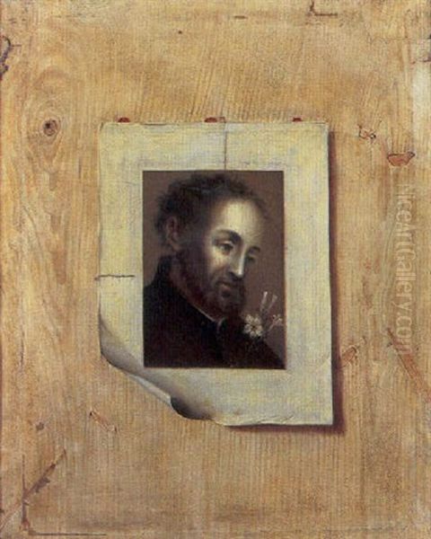 A Trompe L'oeil Of A Drawing Of A Head Of A Man With Flowers Sealed With Wax To A Pine Panel Oil Painting by Johann Georg ( or Guttwein) Gutwein