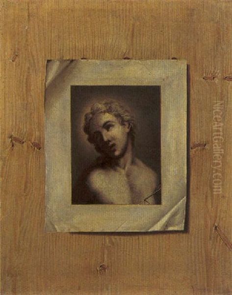 A Trompe L'oeil Of A Drawing Of Saint Sebastian Sealed With Wax To A Pine Panel Oil Painting by Johann Georg ( or Guttwein) Gutwein