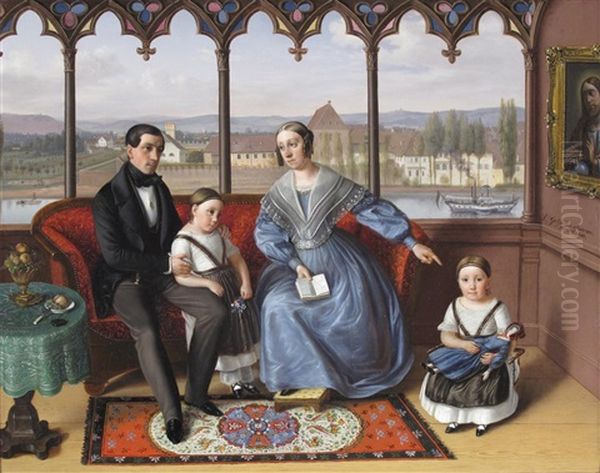 Portrait Of A Family Seated In A Loggia Overlooking A Rhenish Town Oil Painting by Sebastian Gutzwiller