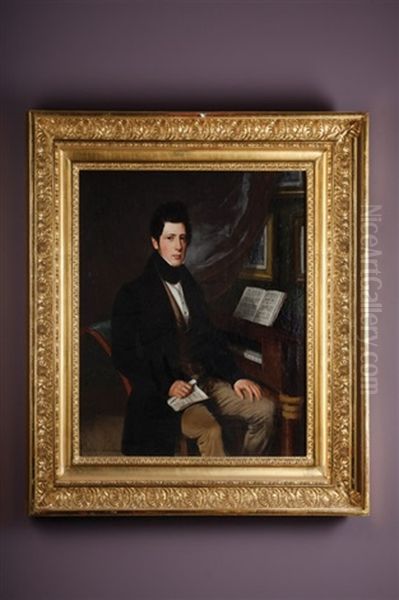 Portrait Of A Young Man Holding Music Beside A Piano Oil Painting by Sebastian Gutzwiller