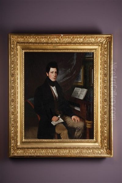 Portrait Of Young Man Holding Music Beside A Piano Oil Painting by Sebastian Gutzwiller