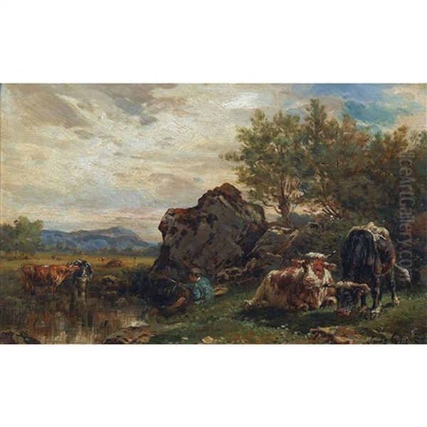 Landschaftspartie Mit Angler Und Rindern Oil Painting by Louis Jean Baptiste Guy