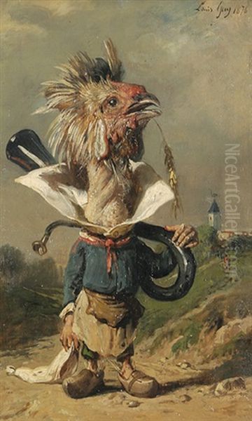 Als Bettelmusikant Verkleideter Hahn Auf Einer Landstrase (caricature) Oil Painting by Louis Jean Baptiste Guy