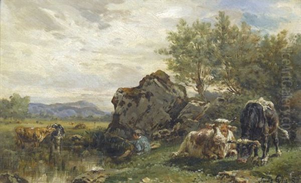 Landschaftspartie Mit Angler Und Rindern Oil Painting by Louis Jean Baptiste Guy