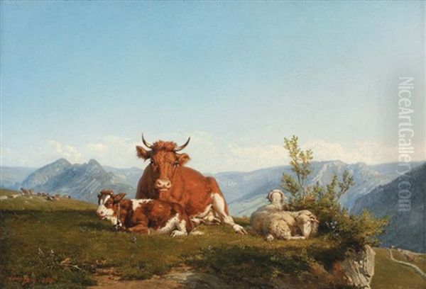 Vaches Et Moutons Dans Un Paysage Vallonne Oil Painting by Louis Jean Baptiste Guy