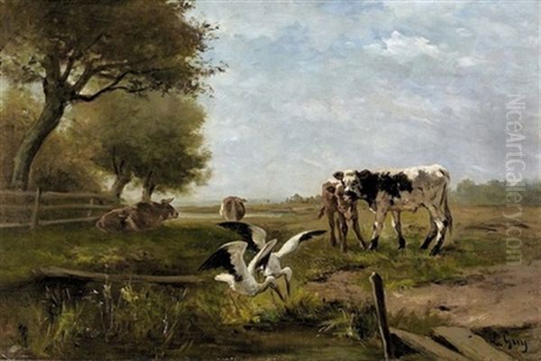 Sommerliche Landschaft Mit Rindern Und Storchen Oil Painting by Louis Jean Baptiste Guy