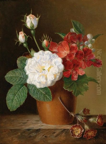 Bouquet Of Flowers With Roses In An Earthenware Vase Oil Painting by Louise J. Guyot