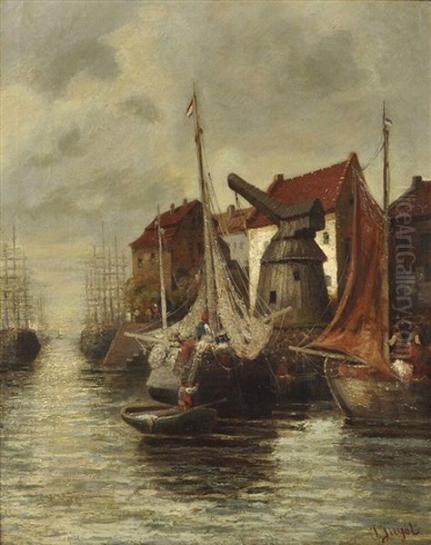 Hafen Einer Franzosischen Stadt Oil Painting by Louise J. Guyot