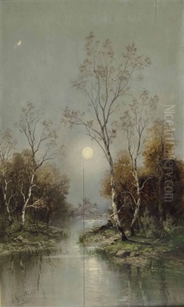 Vollmond Uber Dem Birkenmoor Oil Painting by Louise J. Guyot