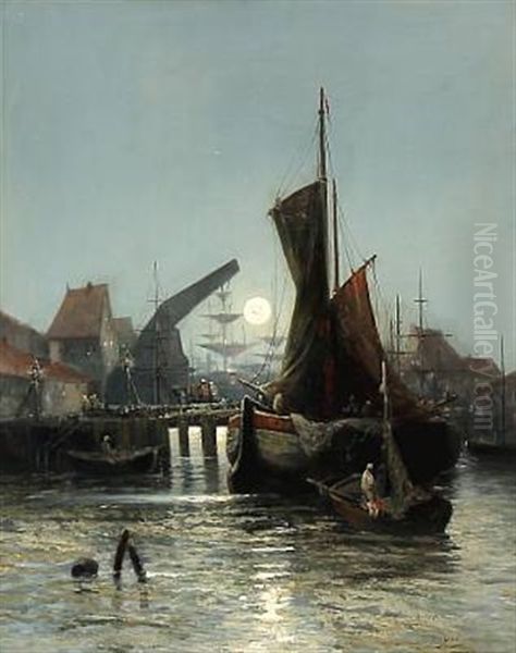 Harbour Scene From Paris In Moonlight Oil Painting by Louise J. Guyot