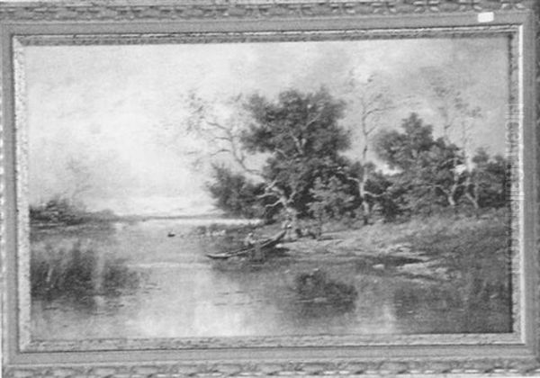 River Landscape, Figures And Boats Under A Cloudy Sky Oil Painting by Louise J. Guyot