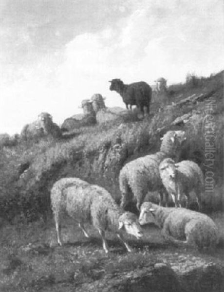 A Flock Of Sheep On The Hillside Oil Painting by Louise J. Guyot